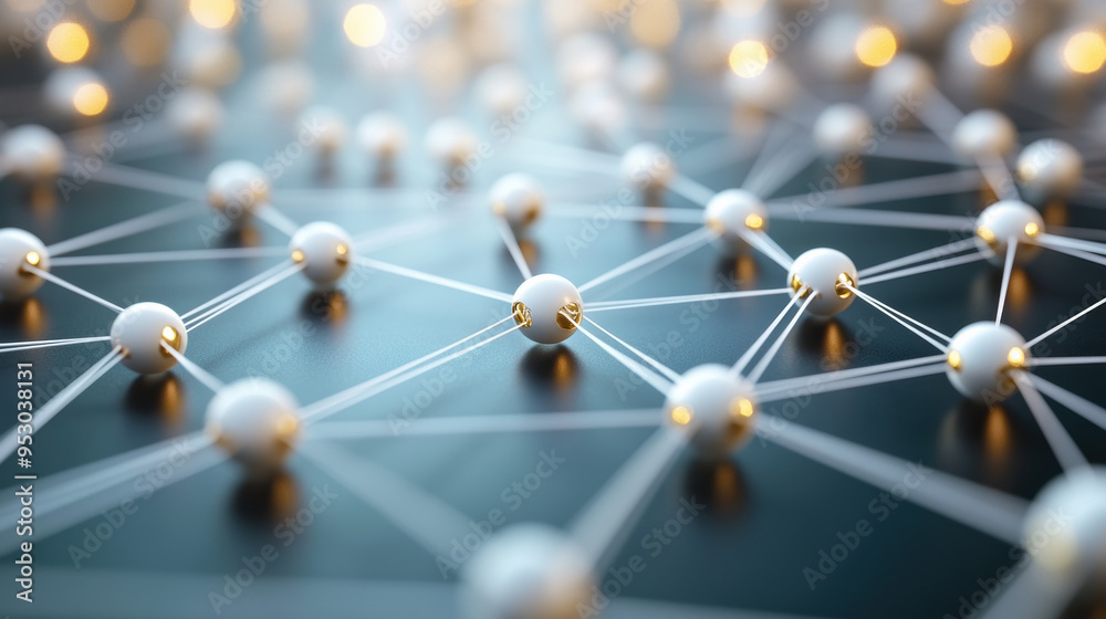 Poster abstract image of interconnected spheres with glowing nodes representing a complex network or system