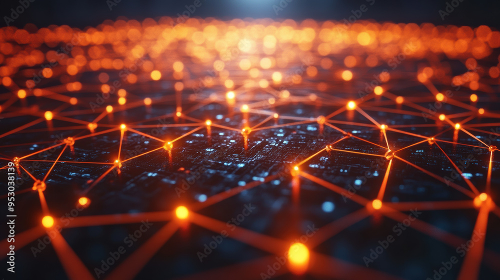 Poster a glowing network of interconnected nodes and lines on a dark background, representing blockchain, t