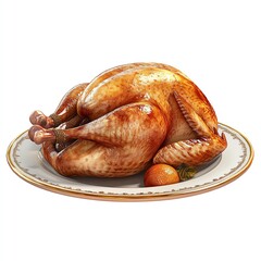 A roasted turkey on platter clipart, classic Thanksgiving dish, detailed 3D rendering, isolated on white background