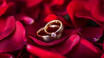 Wedding Rings on Red Rose Petals