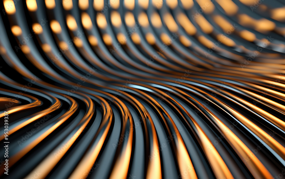Wall mural abstract three-dimensional metallic surface with smooth, flowing curves and glowing highlights, perf