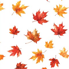 Fototapeta premium A fall leaves clipart, autumn foliage, vibrant colors, scattered leaves pattern, watercolor illustration, isolated on white background
