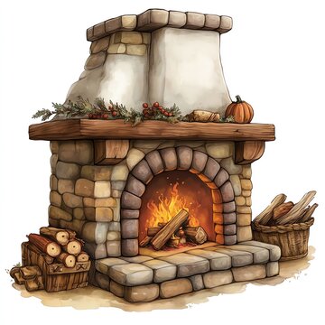 cozy stone fireplace with burning fire clip art preview