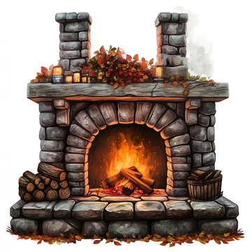 cozy stone fireplace with burning fire clip art preview