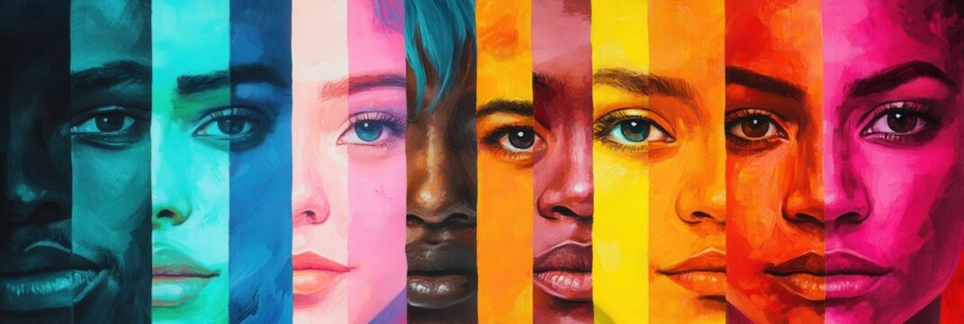 Diverse faces showcase the divisions and biases in society, emphasizing differences with bright colors and distinct contrasts. Generative AI