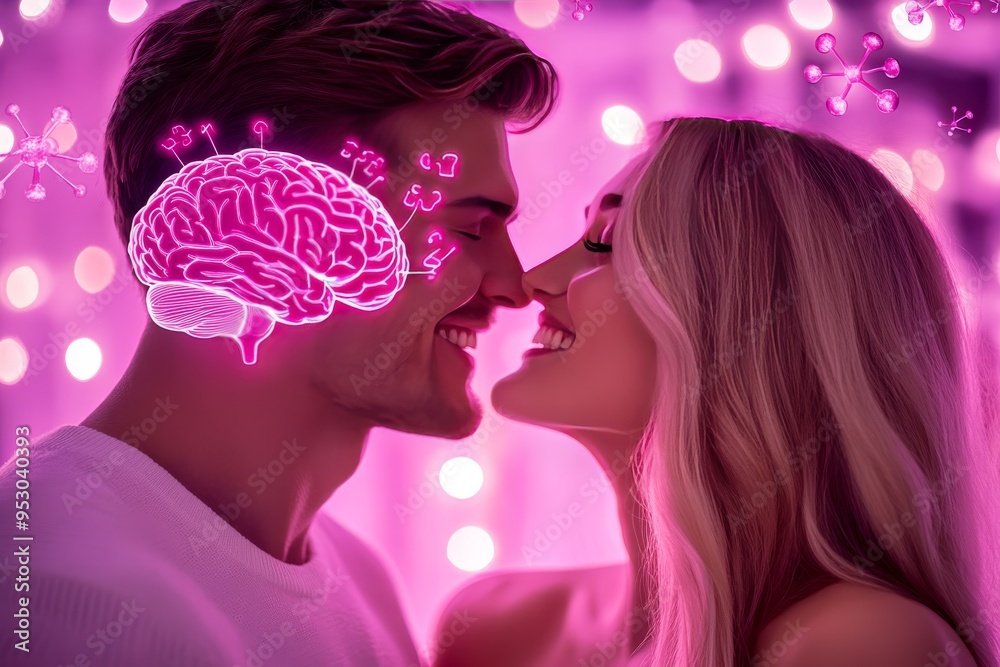 Sticker neon love a couple with glowing pink brain patterns representing the fusion of thought and emotion i