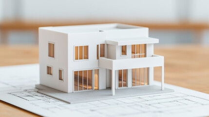 Minimalistic white architectural model of a modern house placed on top of building plans, showcasing contemporary design and planning concepts.