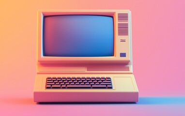 Retro computer with a gradient background, showcasing vintage technology and 80s nostalgia in a vibrant and colorful setting.