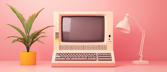 Fototapeta premium Vintage computer setup with monitor, keyboard, desk lamp, and potted plant on a pastel pink background. Retro technology and decor theme.