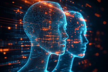 Digital Symphony A Trio of Human Profiles with Neon Neural Networks Representing the Harmony of Thought and Digital Communication in a Futuristic World