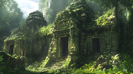 Ancient jungle ruin deep in the jungle overgrown with vines and moss-covered stones intricate carvings on weathered structures surrounded by lush green vegetation