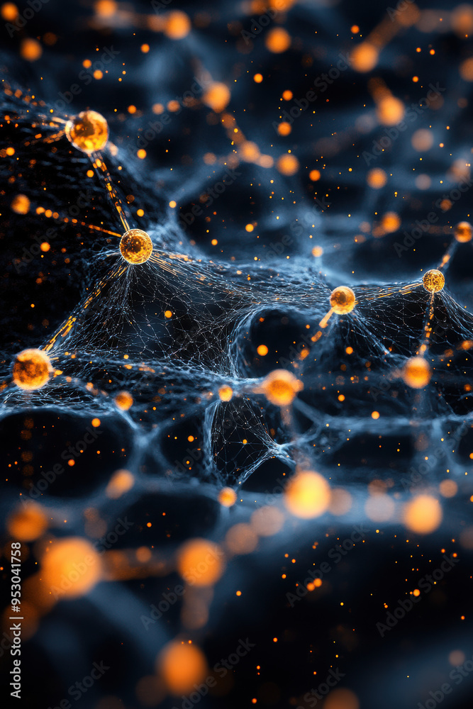 Poster abstract digital network of glowing orange nodes connected by blue mesh lines, creating a futuristic