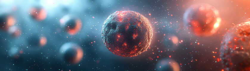 Naklejka premium Close-up of a virus cell in a microscopic environment, showcasing intricate details and vibrant colors, illustrating biological and scientific concepts.
