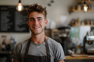Fototapeta premium Young male cafe owner standing proudly in his coffee shop, embodying casual professionalism.