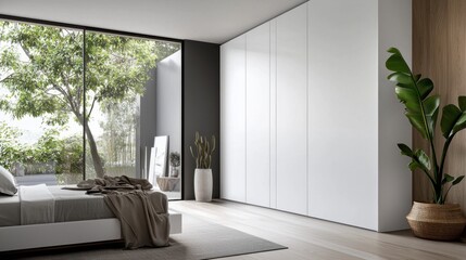 Fototapeta premium Bedroom with a white wardrobe.
