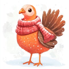 A Thanksgiving turkey with a winter scarf clipart, playful and cozy, snowy backdrop, cartoon style, isolated on white background