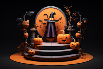 3D Realistic Halloween Podium with Pumpkin, Bat, and Witch Hat