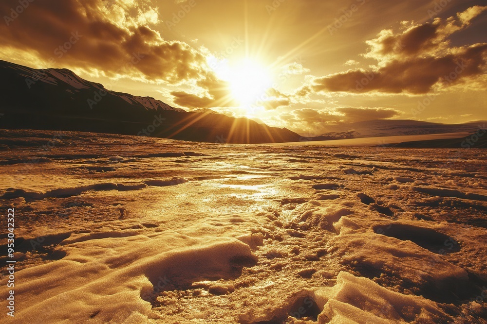 Aufkleber sunlight shines over melting arctic glaciers and dry landscapes, highlighting the stark effects of g