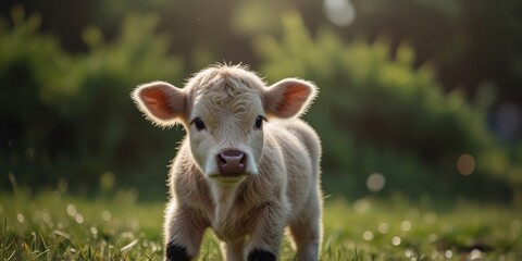 Fototapeta premium Cute little cow in a field in a meadow with warm sunshine in the morning. Domestic animal with a blurred backdrop