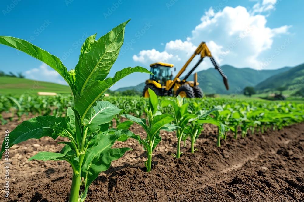 Poster biomass project development is captured in a realistic photo of a bioenergy farm under construction,