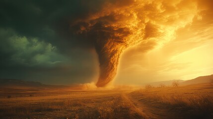A massive tornado twisting through a rural landscape