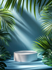 Obraz premium A minimalist podium with palm leaves on the right, set against a blue background