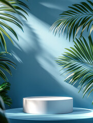 Obraz premium A minimalist podium with palm leaves on the right, set against a blue background
