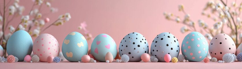 Colorful Easter eggs with various patterns and mini decorative elements on a pastel background, featuring a row of delicate flowers.
