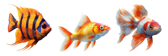 Colorful tropical fish in various poses isolated on transparent background