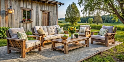 Obraz premium farmhouse patio furniture rustic wooden outdoor seating set distressed finish vintage charm