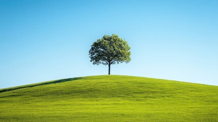 Obraz premium Alone tree on green hill of grass field and blue sky background