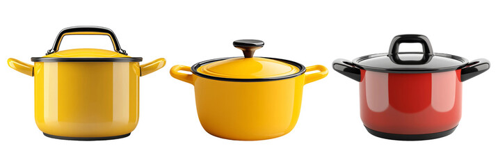 Cooking pots in various colors and designs isolated on transparent background
