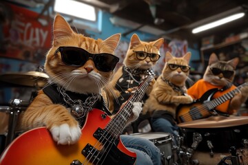 Cat musician jamming with friends, captured in a colorful scene where several cats play different instrumentsâ€”a drum set, a keyboard, a bass guitarâ€”having a lively jam session in a garage setting