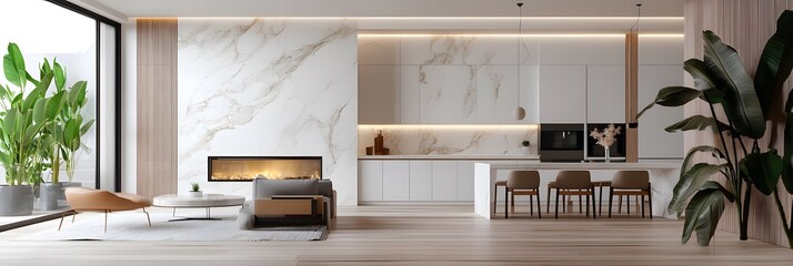 Modern living room and dining area with white marble wall cladding ai generative