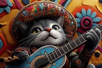 Cat musician leading a mariachi band, depicted in a festive, colorful scene where the cat, wearing a sombrero, plays a guitar while leading a mariachi band in a lively performance