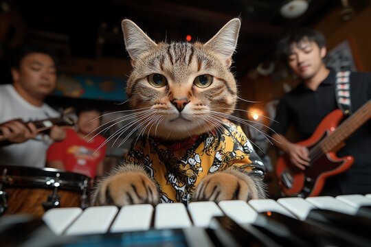 Cat musician jamming with friends, captured in a colorful scene where several cats play different instrumentsâ€”a drum set, a keyboard, a bass guitarâ€”having a lively jam session in a garage setting