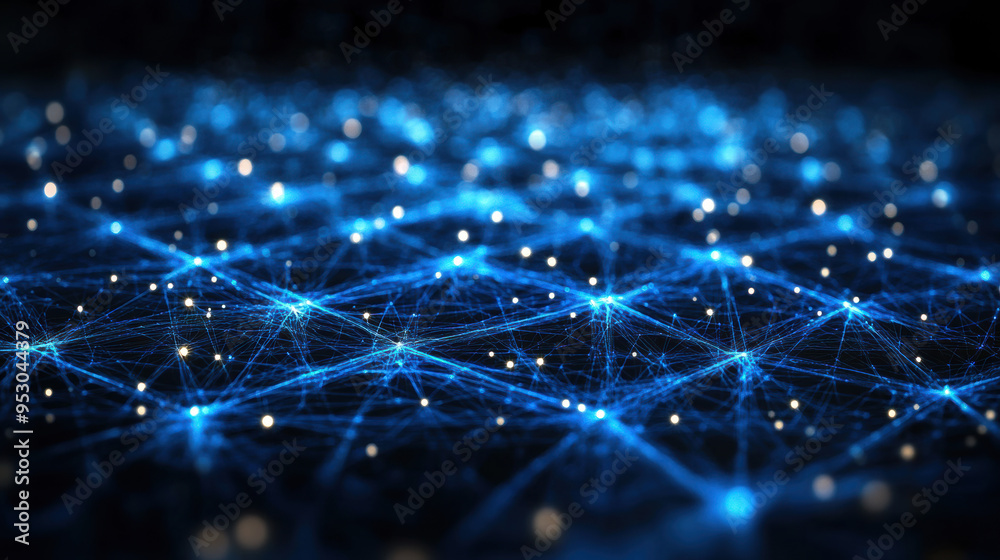 Poster Abstract visualization of a neural network with interconnected nodes, representing data flow, machine learning, artificial intelligence, and technology.