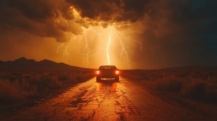 Driving a car towards a spectacular lightning storm in road trip