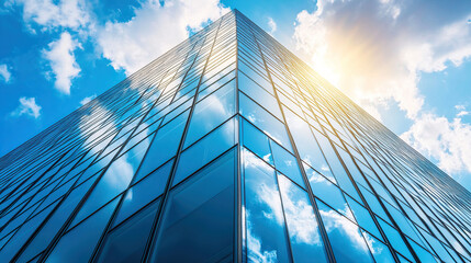 A tall building with blue glass windows reflects the sky,