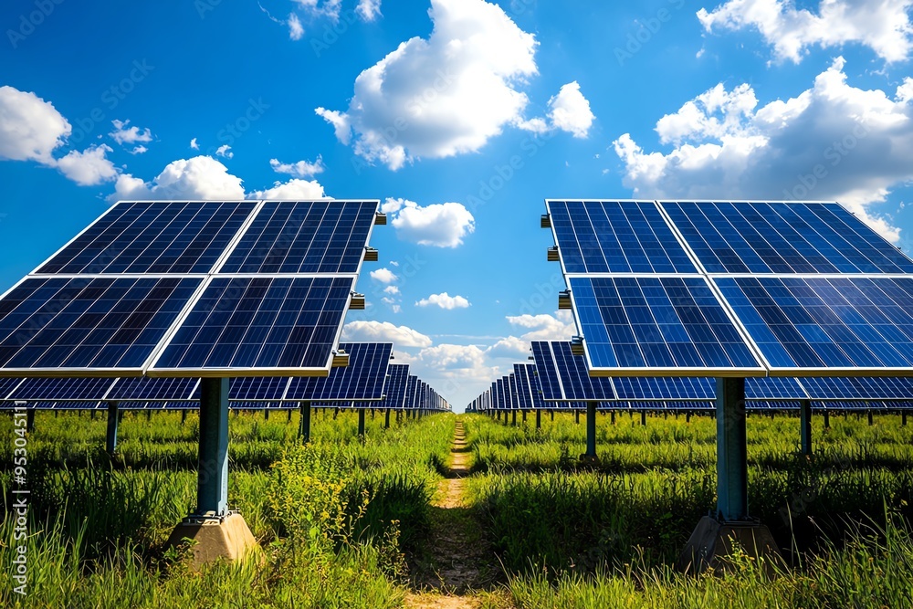 Poster clean energy and renewable power are captured in a realistic photo of a solar farm with rows of sola