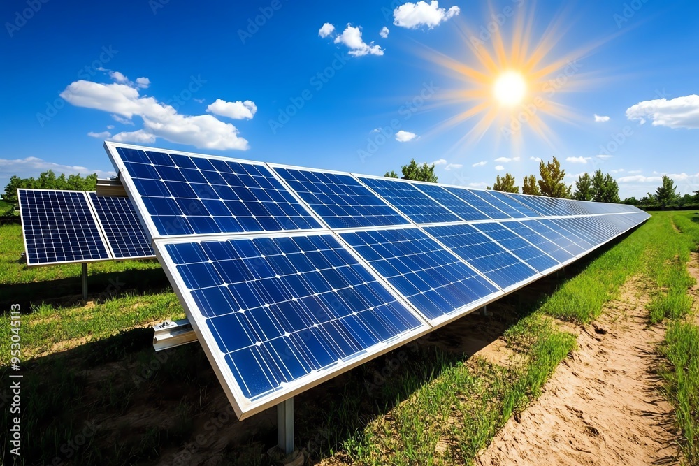 Poster clean energy and renewable power are captured in a realistic photo of a solar farm with rows of sola