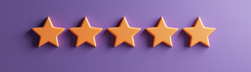 Obraz premium pattern of five orange stars on a purple background, symbolizing excellent rating, success, and achievement in a minimalist design.