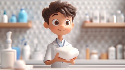 3D render of cartoon doctor washing hands with a big piece of white soap, hygiene rules reminder illustration clip art isolated on transparent background.