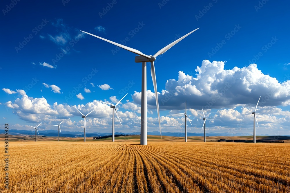 Poster Clean energy engineering advancements are showcased in a realistic photo of a wind farm harnessing power from a strong breeze in an open field