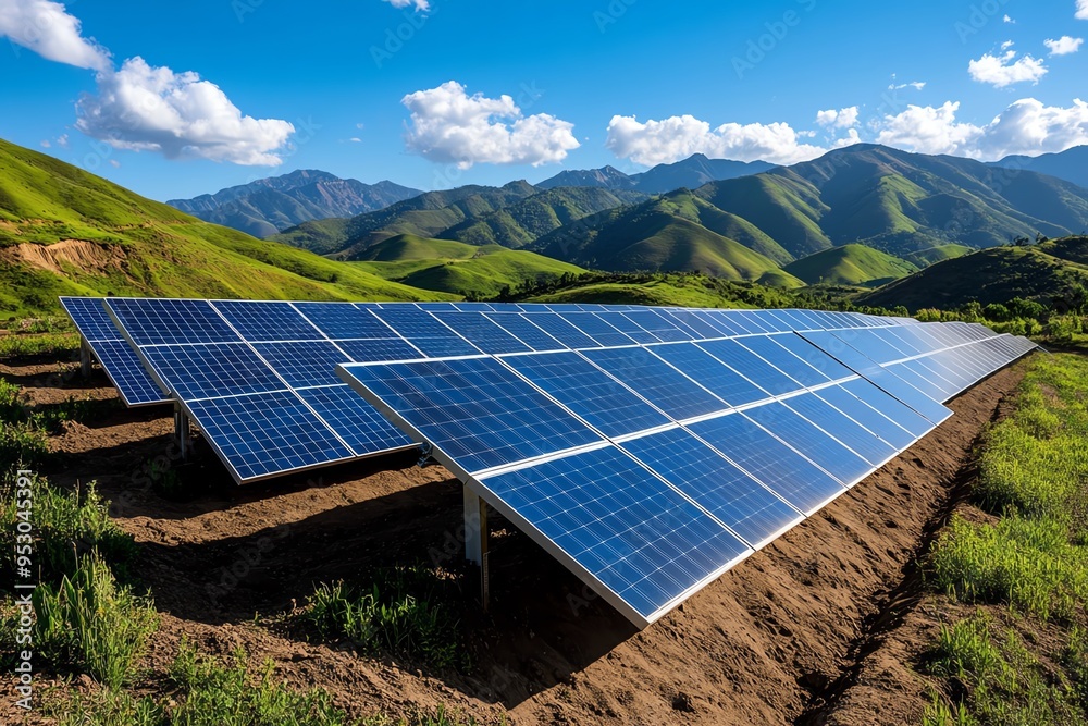 Aufkleber clean energy engineering is showcased in a realistic photo of a solar farm with rows of solar panels