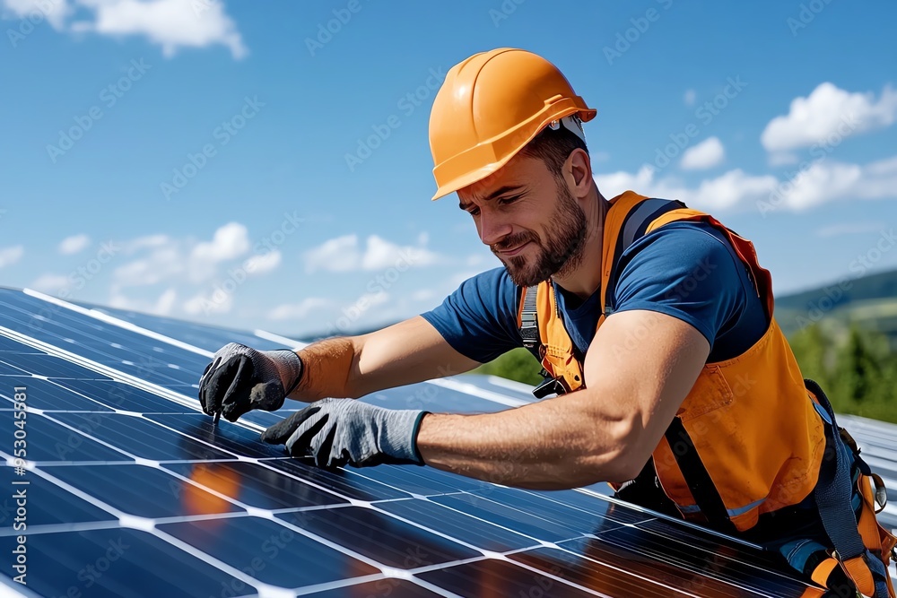 Poster Clean energy implementation is captured in a realistic photo of a solar panel installation team at work, showcasing the process of expanding renewable energy
