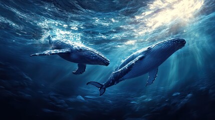 Fototapeta premium two whales swimming, surfacing, ocean horizon, big waves, vibrant, serene atmosphere, playful interaction, calm sky