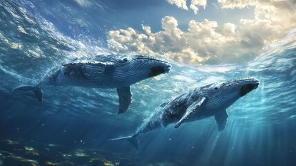 Obraz premium two whales swimming, surfacing, ocean horizon, big waves, vibrant, serene atmosphere, playful interaction, calm sky