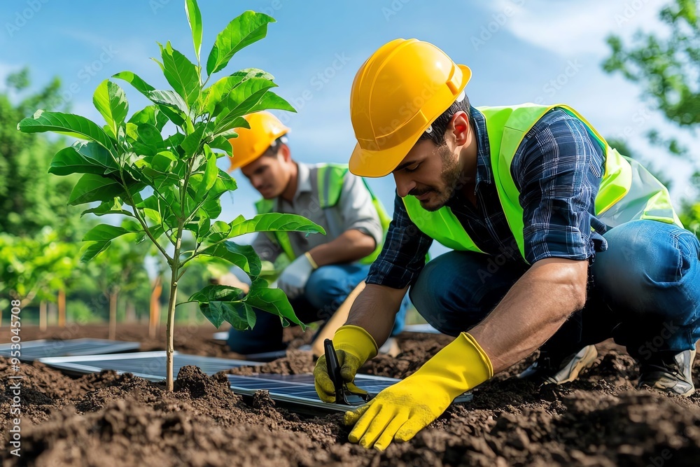 Poster Clean energy operation and maintenance are captured in a realistic photo of a team inspecting solar panels at a large solar farm