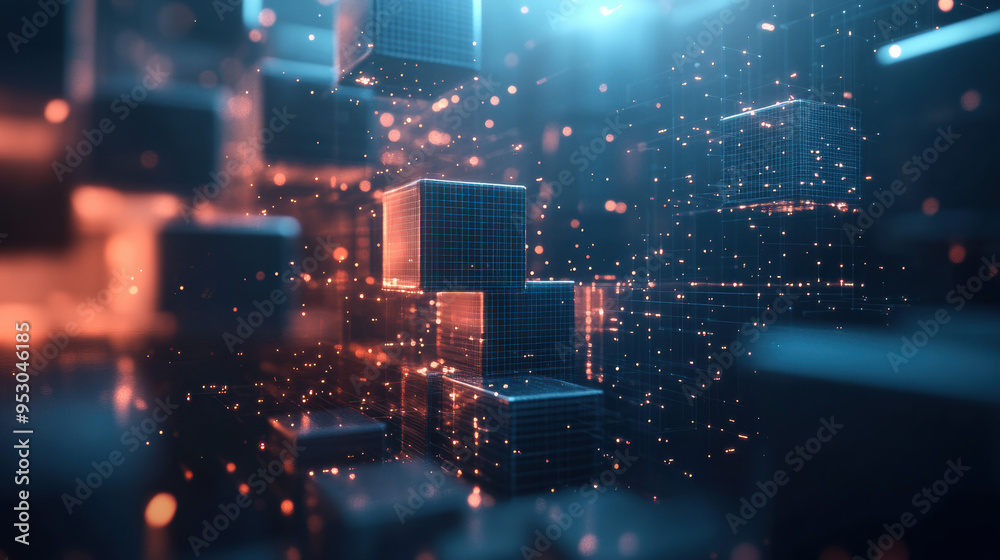 Poster a futuristic digital landscape with glowing grids and interconnected cubes representing blockchain t